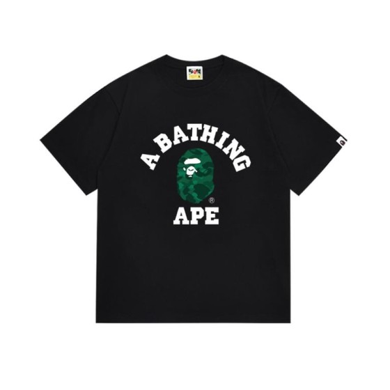 Black BAPE T-Shirt with Green Camo Ape Head and "A BATHING APE" College Logo